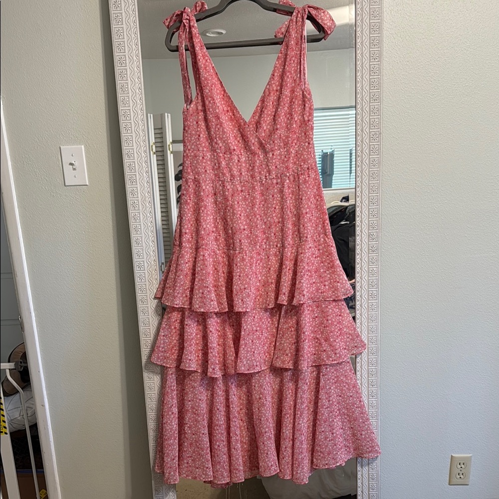 Wayf Pink Floral Tiered Midi Dress